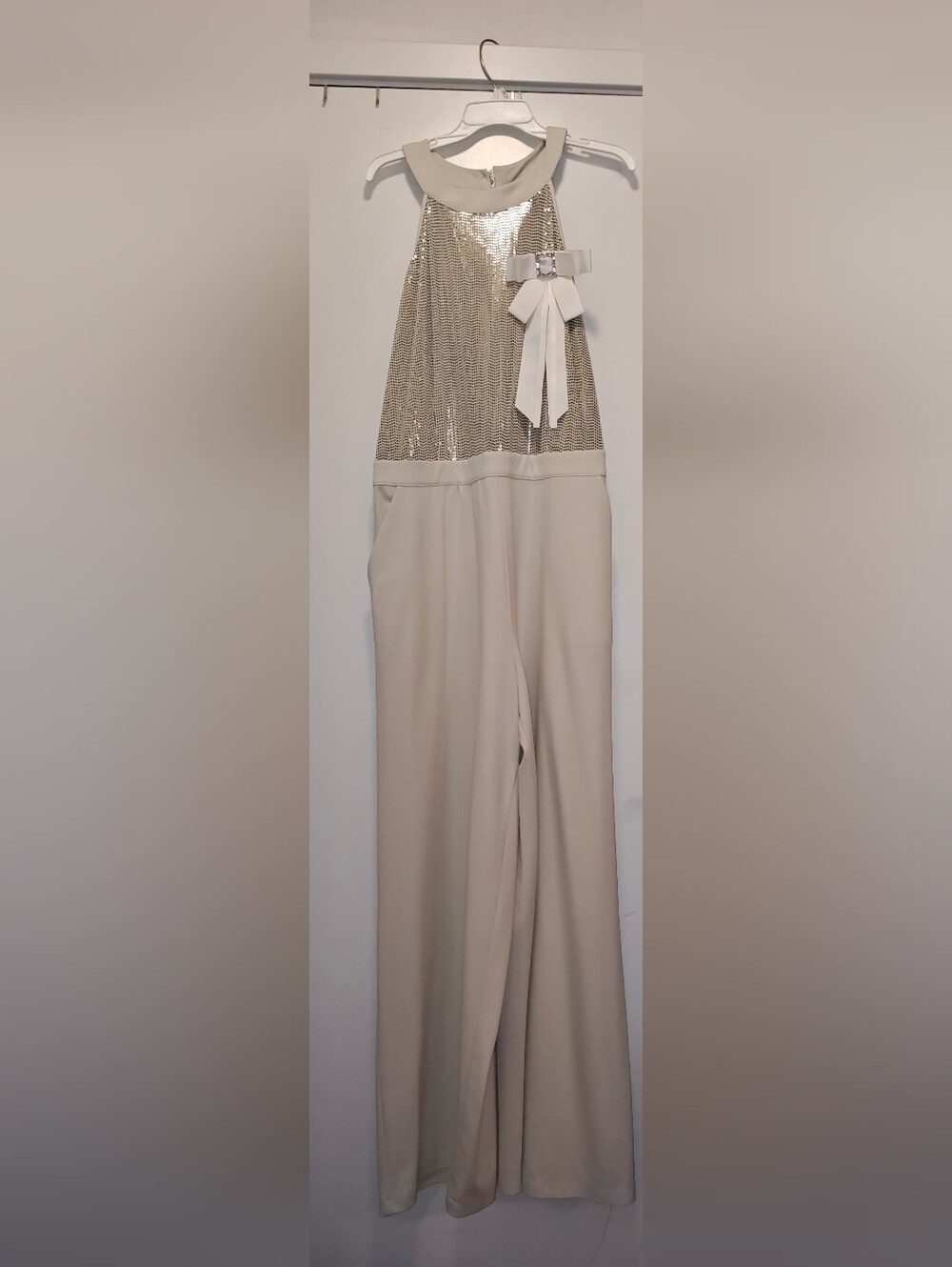 Ashley Stewart Cream Halter Wide-Leg Jumpsuit with Sequin Bodice